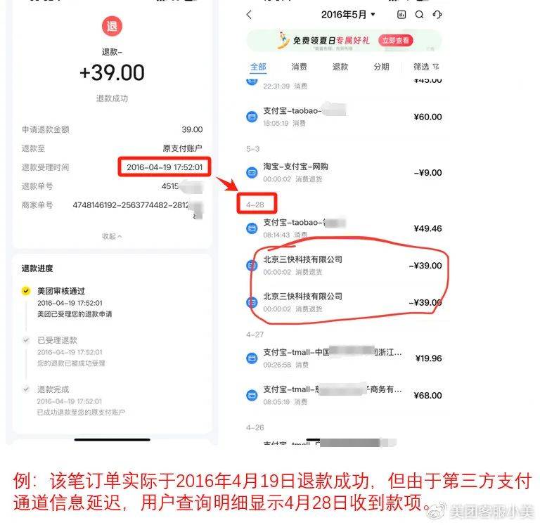 美团客服回应“退款未到账”：已修复退款信息滞后问题，将帮助用户追溯每一笔担心的订单